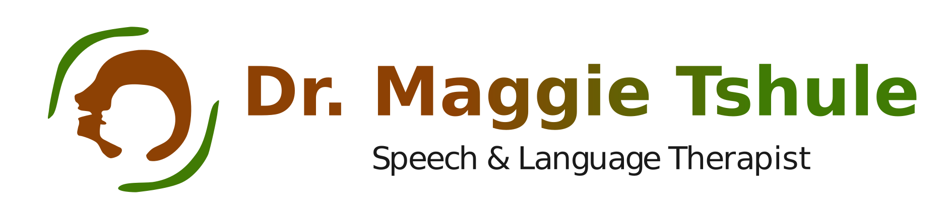 Logo for Dr. Maggie Tshule: silhouette of child speaking inside silhouette of adult speaking, both with smiles. Text reads 'Maggie Tshule - Speech and Language Therapy'.